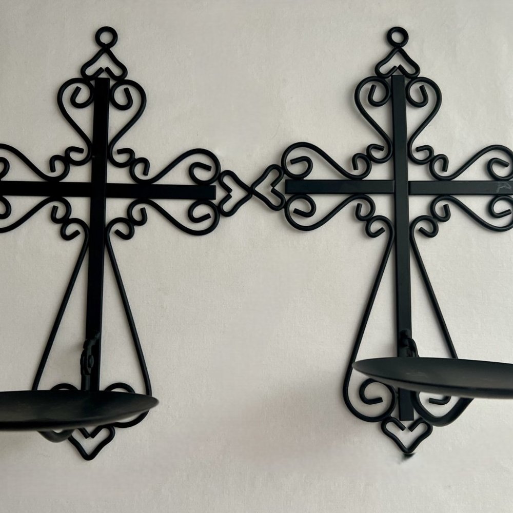 2 Black Metal Holy Cross Candle Sconce